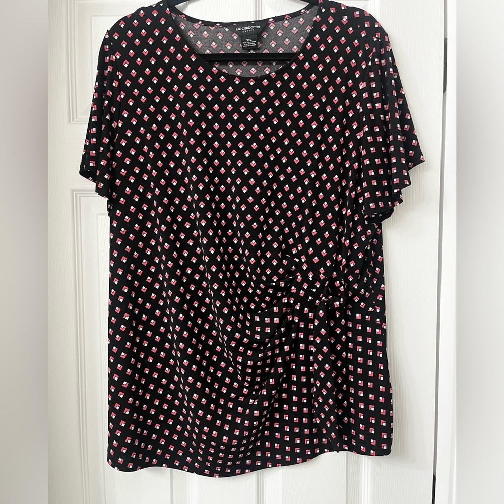 Liz Claiborne Career / Black Gathered Front / Geometric SS Blouse Top / Size XXL